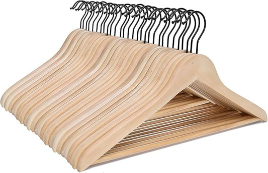 JS HANGER Wooden Coat Hangers, 30 Pack High Grade Wood Suit Hangers with Non Slip Pant Bar - Extra Smooth and Splinter Free, Unvarnished