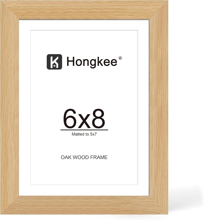 Hongkee 6x8 Oak Wood Picture Frame 1 Pack(Matted 5x7) with Real Glass Cover | Natural, 6 x 8 Solid Wood Frame for Wall or Tabletop Display - Includes Easel Back, Vertical Hang - Ideal for Home, Office