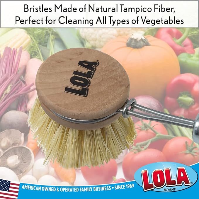 LOLA Replacement Head for The Original Tampico Vegetable & Dish Brush, 1.75" Head, Birchwood & Poly Bristles, Reusable & Washable, 1 Count