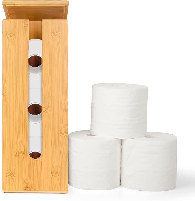 GOBAM Bamboo Toilet Paper Storage - Fits 3 Mega Toilet Paper, Bathroom Organizer, Toilet Paper Holder Stand, Bamboo Bathroom Accessories - Natural, 5.9 x 5.9 x 16.1 inches