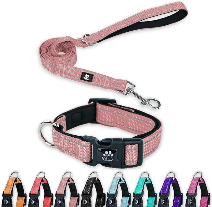 FURRYFECTION Reflective Dog Collar and Leash Set with Quick Release Buckle, Padded with Neoprene Adjustable Nylon Dog Collar for Small Medium and Large Dogs (Medium Collar+5FT Leash, Pink)