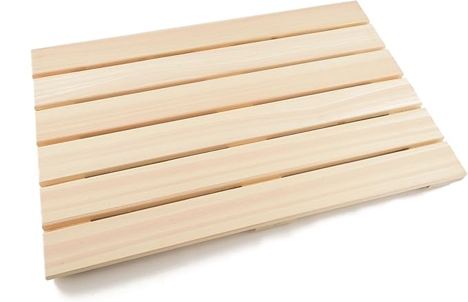 BOUMBI Hinoki Wood Bath Mat with Non-Slip Rubber Pad Cypress Wood Shower Mat (25.6 x 17 x 1 Inches)