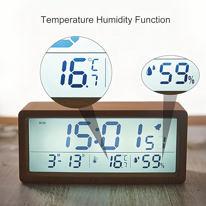 Digital Wooden Alarm Clock with Backlight Temperature Humidity LCD Big Display Soft Date Week 12/24 Hour Switch Snooze Mode Easy to Use for Students Office