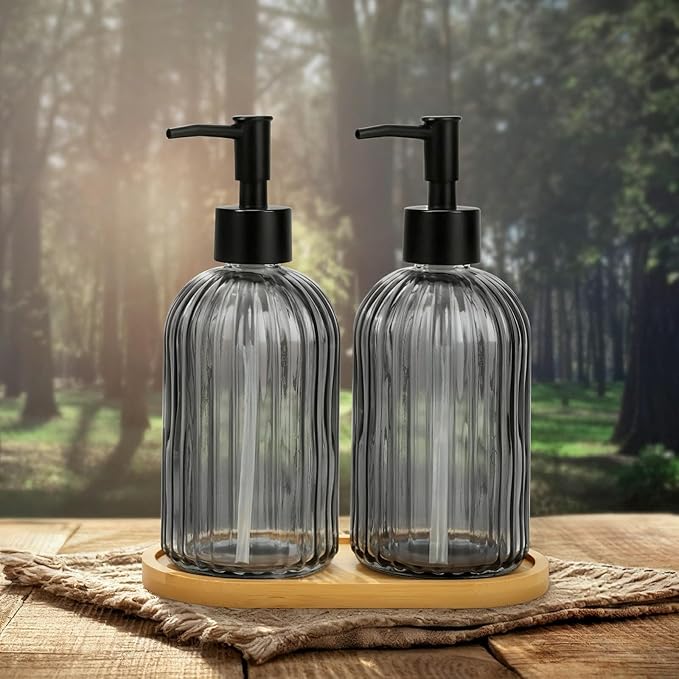 Glass Soap Dispenser Set with Wood Tray, Glass Soap Dispenser with Plastic Pump, Hand and Dish Set for Bathroom Decor (Grey)