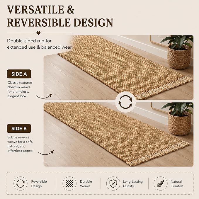 Chevron Weave with Fringes Woven Runner Rug 2x6 Feet - Beige, Boho Farmhouse Polyester Fibre Area Runners for Hallways, Kitchen, Living Room | Brown Reversible Corridor Space Large Floor Décor Mat
