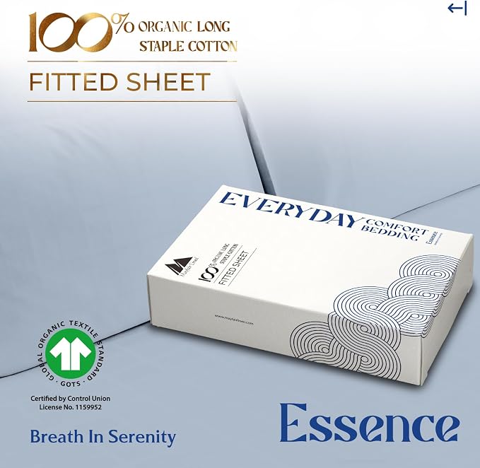 Mayfair Linen 100% Organic Cotton Percale Weave Fitted Sheet California King Size, Light Blue, 1 Deep Pocket Cal King Fitted Sheet, Fits Mattress Upto 16" Crisp & Cool Bed Linen, Luxury GOTS Certified