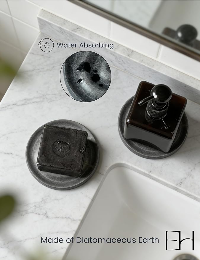 Diatomite Soap Dish with Wave Design, Round Stone Drying Tray, Water Absorbing Stone Tray, Bathroom, Shower & Kitchen (Gray, 2PSC)