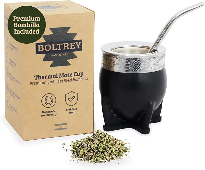 Mate Imperial – Yerba Mate Cup and Bombilla Set | Handmade Argentina Mate Gourd | Stainless Steel Mate Mug for Tea Lovers | Unique Cultural Gift (MIRROR, BLACK)