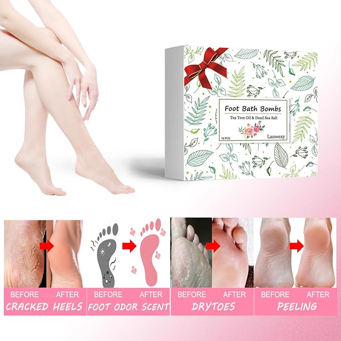 Lanwexy Bath Foot Bombs, 16 Pack Foot Soak with Bath Salt and Tea Tree Oil. Organic Natural Handmade Aroma Pure Essential Oil (Foot Bath Basin + 16 Foot Soak)