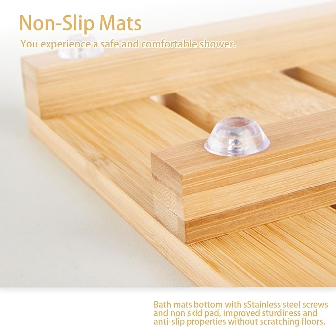 Rectangle Shower Mat Bamboo, Stable Bath Mat Dual Anti-Slip for Surface Bottom, Wide Slats Hollow Bathroom Drain Board for SPA Zone(Natural)