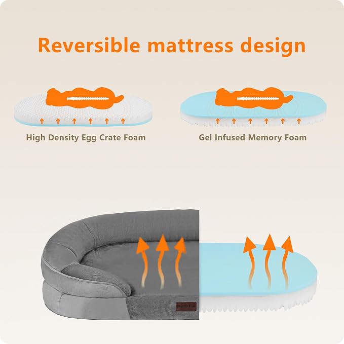 Dwanton Orthopedic Dog Bed for Extra Large Dogs with Gel Memory Foam, Waterproof Dog Sofa, Washable Pet Bed with Four Sided Bolster Cushion, Removable Cover & Non-Slip Bottom, 45", Medium Grey