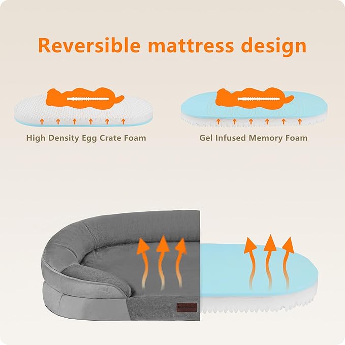 Dwanton Orthopedic Dog Bed for Large Dogs with Gel Memory Foam, Waterproof Dog Sofa, Washable Pet Bed with Four Sided Bolster Cushion, Removable Cover & Non-Slip Bottom, 42", Medium Grey
