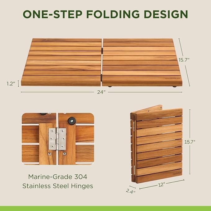 Premium 24"x16" Solid Teak Wood Shower Mat, Foldable Teak Bath Mat, Fast-Drain Slatted Design, Non-Slip Feet, Water-Resistant, for Bathroom, Door, Sauna, Indoor & Outdoor, 385 Lbs Capacity