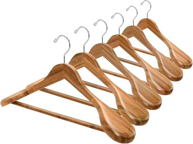 Amber Home 6 Pack Wide Shoulder Bamboo Wood Suit Coat Hangers, Wooden Clothes Hangers with Pants Bar, Heavy Duty Jacket Hangers for Dress, Pants, Heavy Clothes