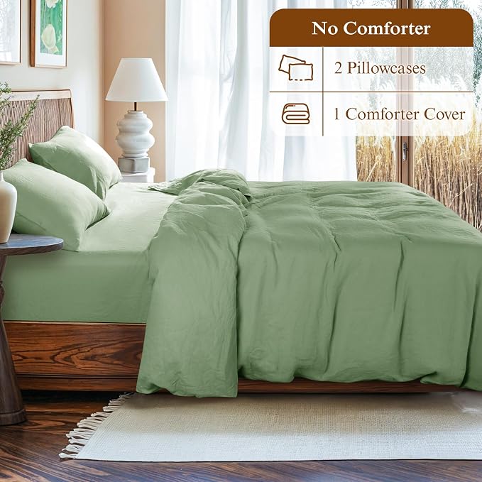 LBRO2M 100% France Linen Duvet Cover Set 3 Pcs Including 1 Flax Comforter Cover with Zipper Closure, 2 Pillowcase, Cozy Duvet Cover Full Size, Green