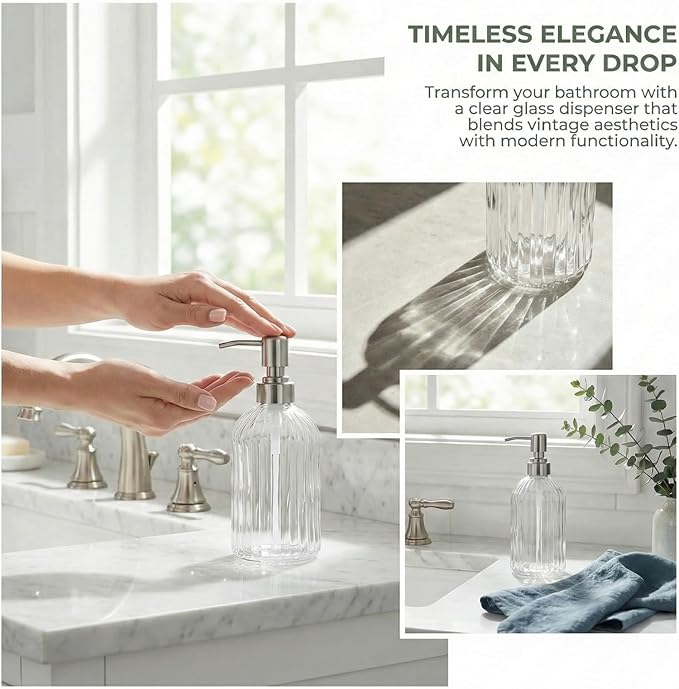 Clear Glass Soap Dispenser with 304 Rustproof Stainless Steel Pump 18oz for Kitchen and Bathroom Hand Soap Dispenser Bottle