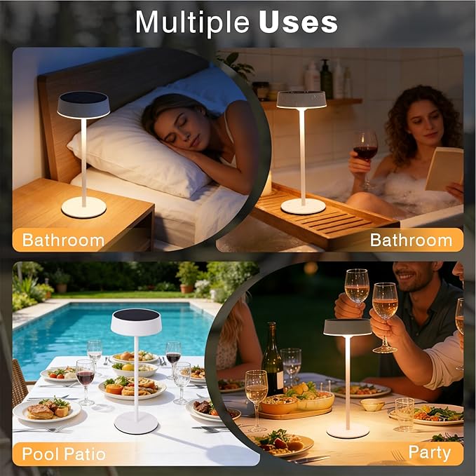Solar Table Lamp, Rechargeable Outdoor Lamps for Patio Waterproof 3 Color Dimmable, Solar Lamp for Outdoor, Bedroom, Garden, Camping, Bathroom (White)