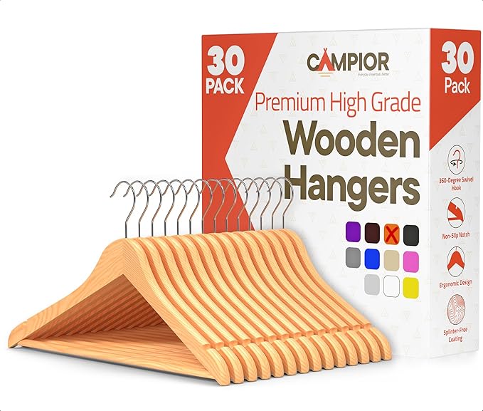 Natural Wooden Hangers 30 Pack – Heavy-Duty with 360° Swivel Hook, Non-Slip, Pants Bar & Shoulder Grooves - Wooden Hangers for Suits, Jackets, Dresses & Camisoles, Space-Saving and Smooth Finish