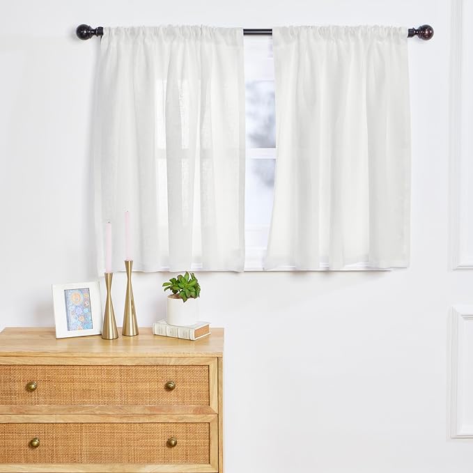 Solino Home 100% Pure Linen Sheer Curtain 18 Inches - European Flax White Kitchen Curtain 52 x 18 Inch - Light Filtering Rod Pocket Window Treatment Panel for Cafe, Bedroom, Living Room - 1 Panel