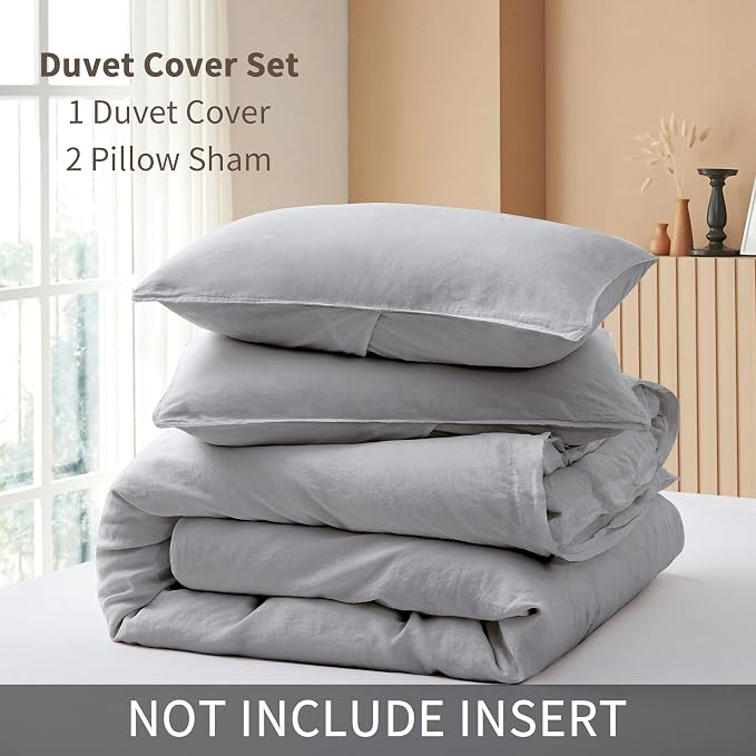 ATLINIA 100% Flax Linen Duvet Cover Set - Stone Washed Pure French Linen Organic Fabric for Farmhouse Comforter Boho Bedding Included 1 Duvet Cover 2 Pillow Shams(Light Grey, California King)