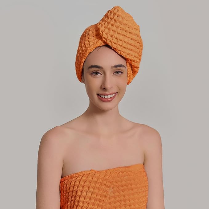 Luxury Organic Japanese Cotton Hair Drying Waffle Towel Wrap for Women | Absorbent, Quick-Dry Head Turban for Shower, Sauna, Spa | Extra Large for Long, Curly, Straight Hair With Button (Orange, 2 Pc)