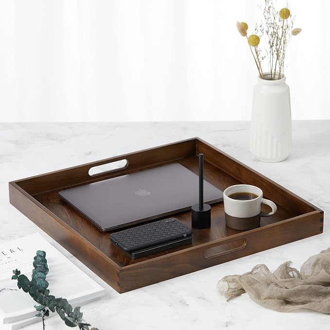 19 x 19 Inches Black Walnut Large Ottoman Tray Solid Wooden Table Square Platter Decorative Serving Tray with Handles for Oversized Ottoman Home Breakfast in Bed Tea Coffee