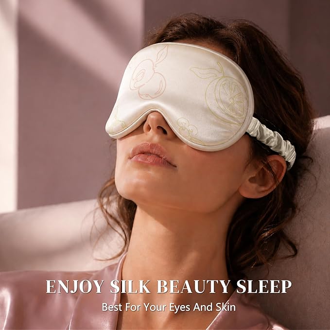 ZIMASILK 22 Momme 100% Mulberry Silk Sleep Mask, 3D Contoured Cup Eye mask Blindfold, Super Soft & Comfortable Sleep Eye Mask for Sleeping(Ivory - Fruit Line Art)