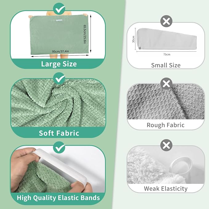 my novel things 2 Pack Extra Large Microfiber Hair Towel Wrap, 37.4" x 26.4" for Women, Super Absorbent & Quick Dry Hair Towel with Elastic Strap for Curly Hair Green Gift for Women Men Girls Friends
