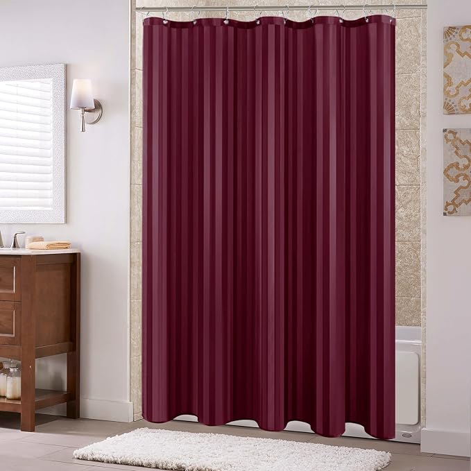 Biscaynebay Fabric Shower Curtain or Liner 72" by 72", Burgundy Water Repellent Damask Stripes Bathroom Curtains Machine Washable