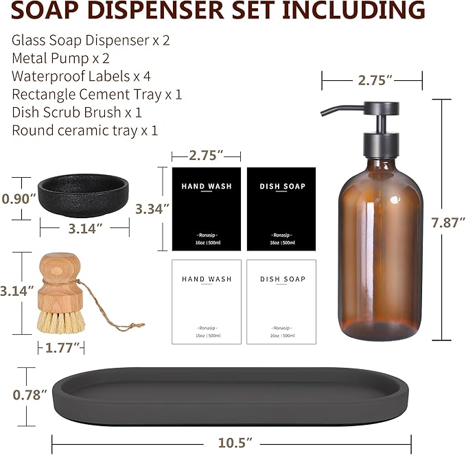 Ronasip Set of 5 Kitchen Soap Dispenser Set 16 Oz Glass Hand Dish Soap Dispenser with Stainless Steel Pump, Cement Tray, Dish Scrub Brush for Farmhouse Rustic Home Bathroom Decor (Brown)