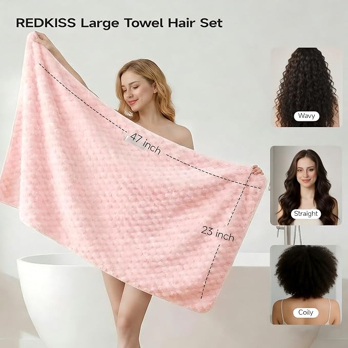 REDKISS 5 Pack Extra Large Hair Towels - Microfiber Hair Towel Wrap for Women, 23 x 47 inches Hair Towels with Elastic Strap, Super Soft Hair Drying Towels for Long, Thick, Curly Anti Frizz Turbans