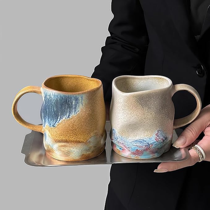 Handmade Ceramic Coffee Mugs, Mugs with Coffee Spoon, 11oz, Handmade Pottery Mug with Handle, Hand-painting, Unique Uneven Surface Tea cups, Dishwasher and Microwave Safe (Yellow)