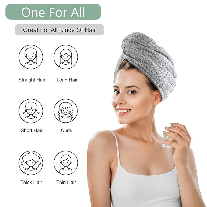 Dolwis Microfiber Hair Drying Towel - 2Packs Waffle Long Hair Head Turban Wraps Terry Cloth Fast Absorbent Dry Anti Frizz Twist Plopping Curly Shower Turban for Women Wet Hair (Gray)