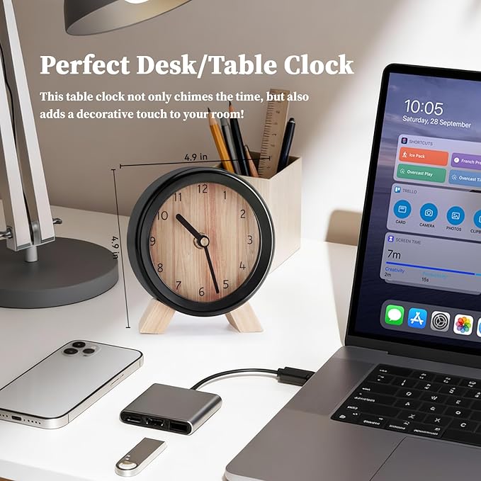 Maxspace Wooden Analog Clock, Small Silent Bedside Desk Clock Battery Operated, Elegant and Decorative Table Clock with Wooden Frame for Living Room, Bedroom, Bedside, Desk (Black)