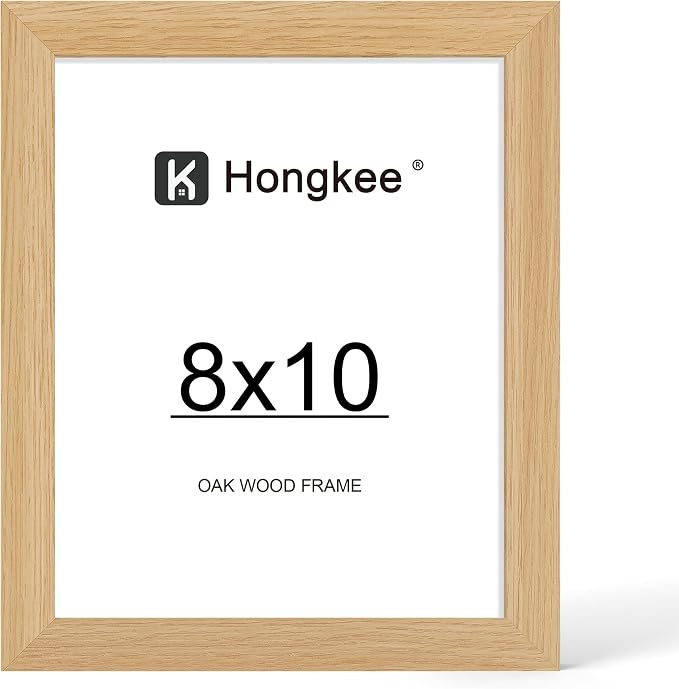 Hongkee 8x10 Oak Wood Picture Frame (1 Pack, Natural) with Real Glass Cover | 8 x 10 Solid Wood Frame for Wall or Tabletop Display - Includes Easel Back, Vertical Hang - Ideal for Home, Office