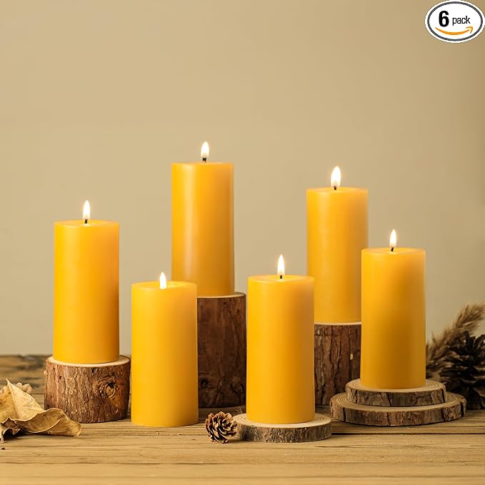 Natural Organic Beeswax Pillar Candles 2x4 Inch Bulk, 100% Pure Bees Wax Candles for Home, 210 Hour Long Burning, Dripless Smokeless Non Toxic Candle for Emergency Parties Meditation Prayer(6 Pack)