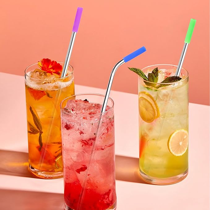Lazycorner 16 Pcs Metal Straw Reusable 8.5" 10.5" 6mm Stainless Steel Straws for Tumblers 20oz-32oz, Silver Drinking Straws with Silicone Tips, 4 Straw Cleaner Brush, 1 Travel Case