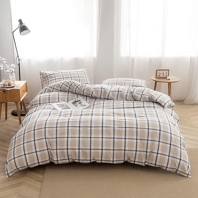 FACE TWO FACE Bedding Duvet Cover Set100% Washed Cotton Duvet Cover Linen Like Textured Breathable Durable Soft Comfy(Full, Blue Grid)
