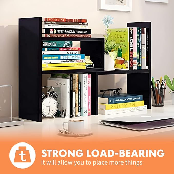 PowerKing Wood Desktop Organizer, Adjustable Display Shelf Rack for Home Office Desktop Storage Supplies Organization (Black Walnut)