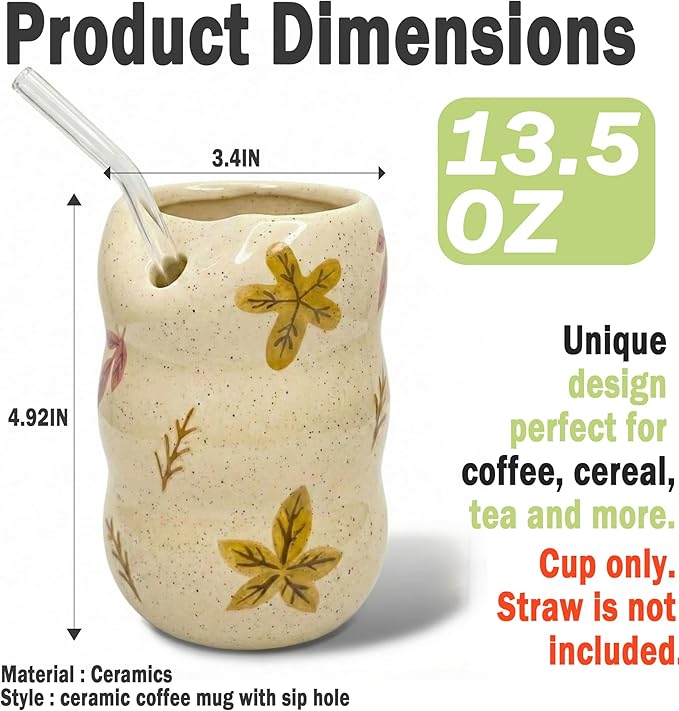Ceramic Coffee Mug with Sip Hole, 13.5 oz Handmade Pottery Mug, No-Handle Modern Ceramic Cup for Daily Coffee & Tea, Office Use, Maple Leaf Design (1 Pack)