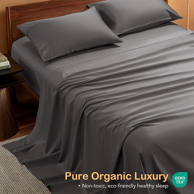 SONORO KATE 100% Organic Cotton Sheets Set - 1000 High Thread Count, GOTS Certified Long Staple Cotton Bed Sheets, Soft, Breathable 5-Star Hotel Sheets, 16" Deep Pockets - 4 PC (Dark Grey,Queen)