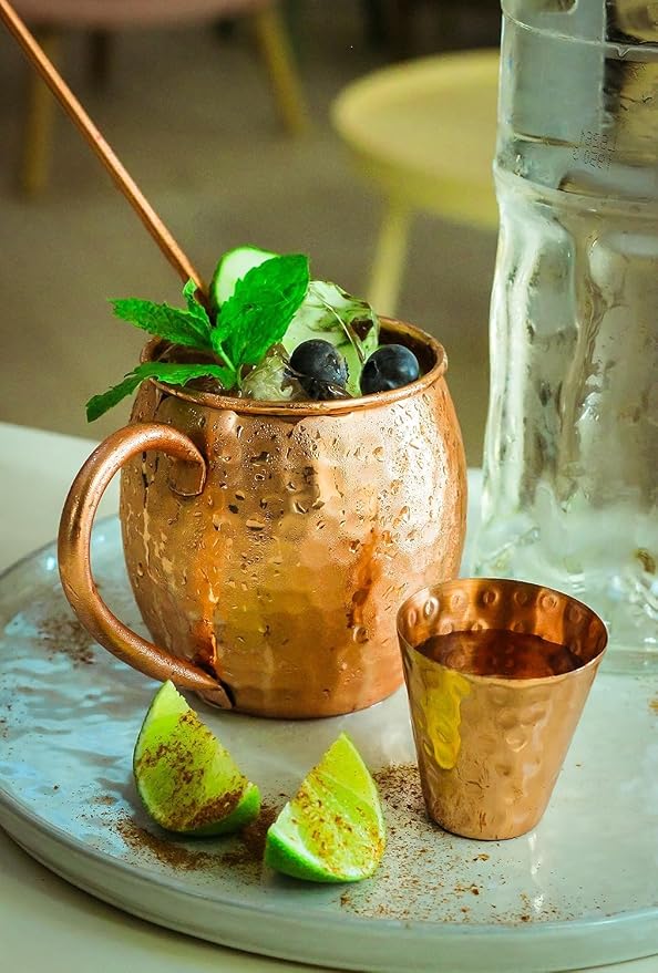 BOLD & DIVINE Moscow Mule Copper Mugs - Set of 2, 100% HANDCRAFTED - Food Safe Pure Copper Solid Mugs - 16 oz Gift Set with Premium Quality Cocktail Straws & Shot Glass!