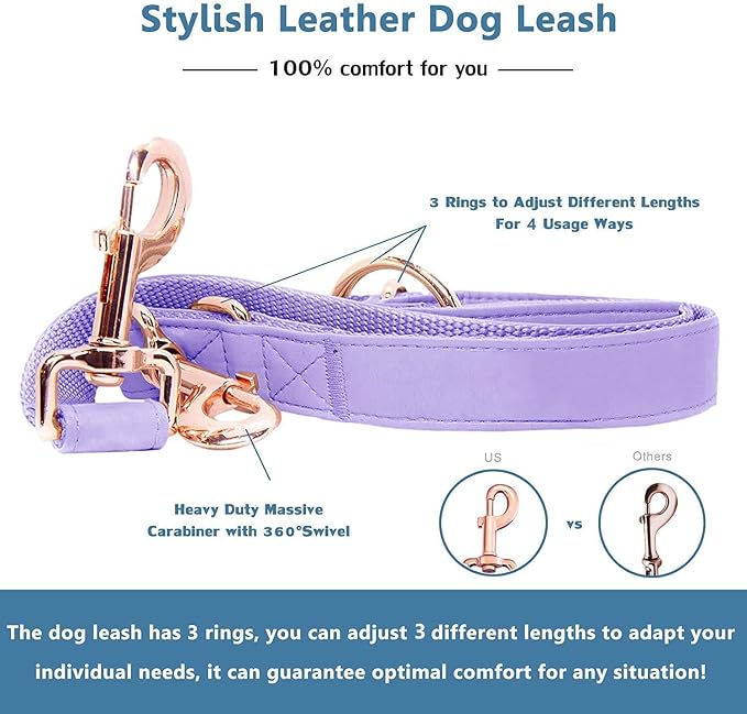 Soft Leather Dog Collar and Leash (6.6') Set - Stylish Rose Gold Heavy Duty Metal Buckle, 4 Adjustable Lengths Leash for Small Medium Large Dogs - Comfortable & Easy to Clean (L, Light Purple)