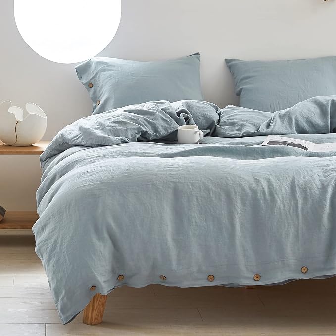 Simple&Opulence 100% Linen Duvet Cover Set 3pcs with Coconut Button Closure Natural French Washed Flax Solid Color Soft Breathable Farmhouse Bedding - Dusty Blue, Full Size