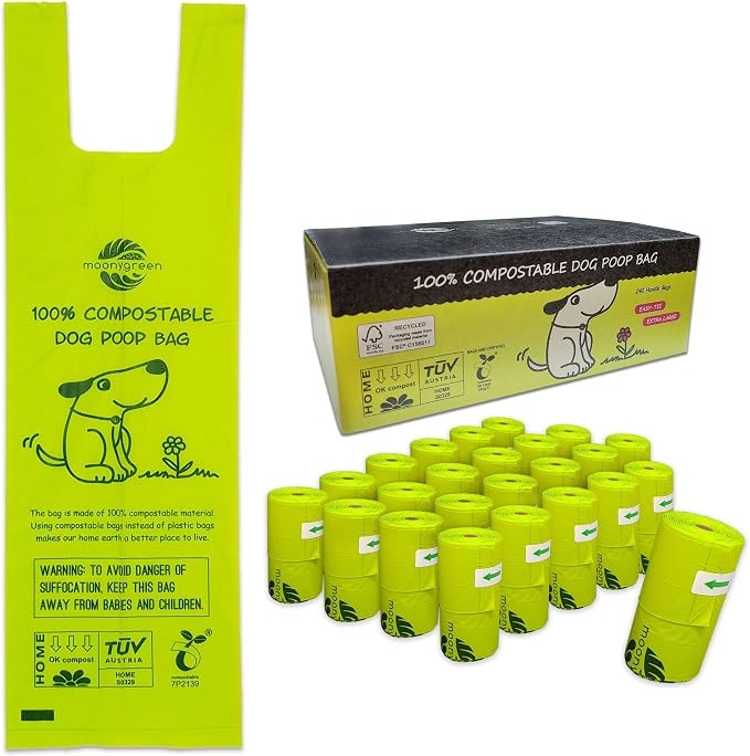 Dog Poop Bag with Handles, Compostable Pet Waste Bags, Easy-Tie, Vegetable-Based Eco-Friendly, Unscented, Extra Thick, Leak Proof, Fits for Dogs and Cat Scoops, 240 Refill Bags, bulk pack