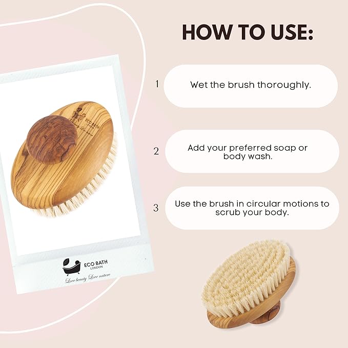 Eco Bath London Natural Sisal Olive Wood Hand Brush - Dry Brushing Body Brush for Exfoliation and Massage, Dry Brushing for Cellulite Lymphatic Drainage, Exfoliating Back Scrubber Spa Gift for Women