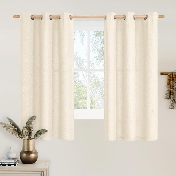 LAMIT Light Beige Linen Curtains for Bedroom 45 inch Length 2 Panels, Linen Textured Light Filtering Curtains Privacy Grommet Window Drapes for Living Room/Farmhouse, Set of 2 Panels, W42 x L45