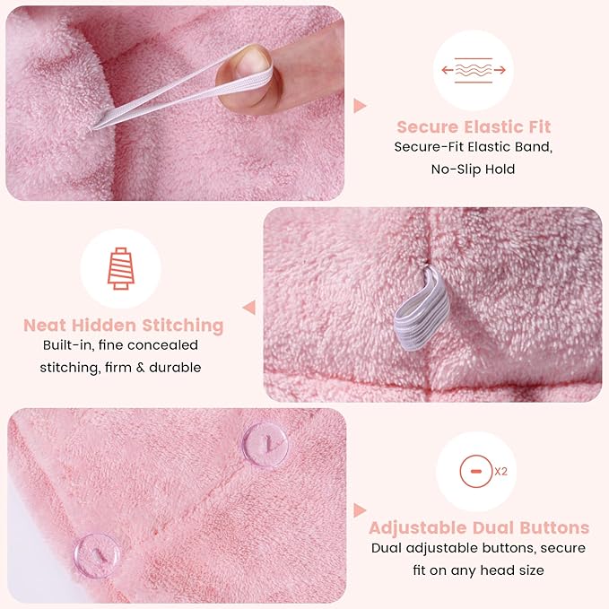 3 Pack Microfiber Hair Towel Wrap for Women, Large Fast Drying Hair Turban, Ultra Soft Thick Anti-Frizz, Double Stitched Edges & Stay in Place No Slip Design for Curly Long Wet Hair(Pink/Grey/Blue)