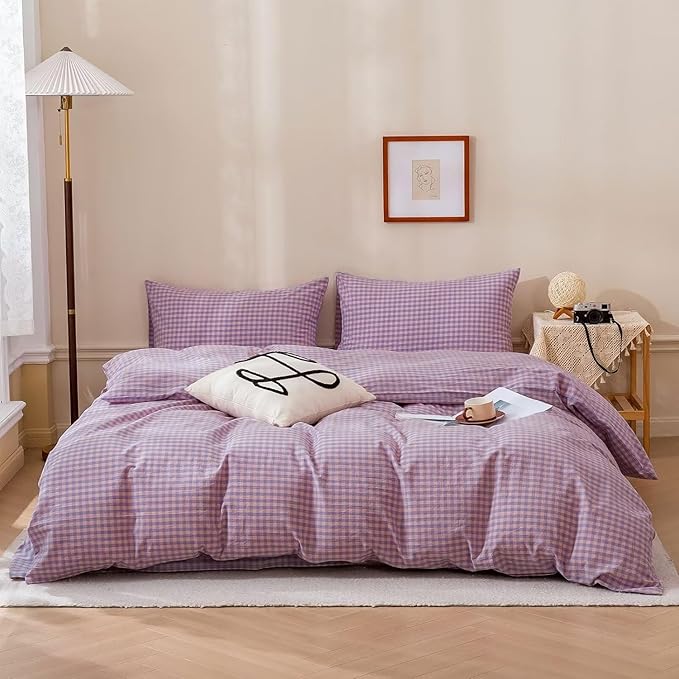 mixinni Purple Gingham Grid Duvet Cover King, 100% Washed Cotton Modern Geometric Bedding Set with 2 Pillowcases, Farmhouse Style Yellow Plaid Comforter Cover Set for Men & Women, Soft & Lightweight