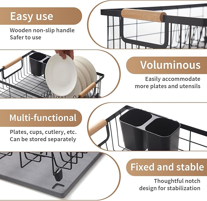 Dish Drying Rack with Stone Dish Drying Mat for Kitchen Counter, 16'' Lx 12''W Dish Drainer with Diatomaceous Earth Quick Dry Mat, Organization and Storage Essentials with Cup & Cutlery Holders
